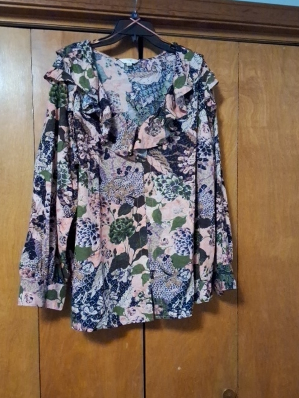 Terra & Sky Floral Ruffle V-Neck Blouse in Pink, Green and Navy